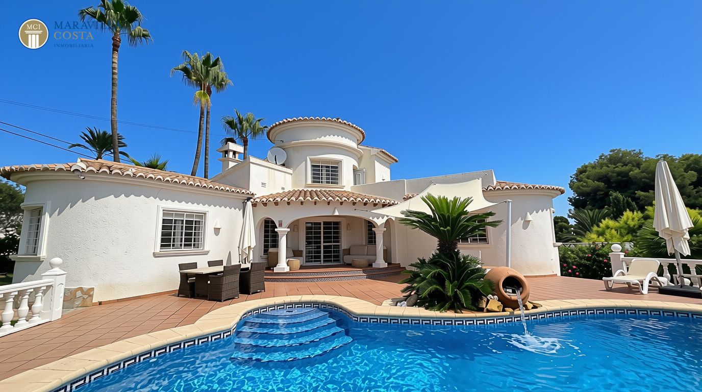 Villa elegante con vistas al mar, casa de huéspedes y zona de piscina privada en Jávea.